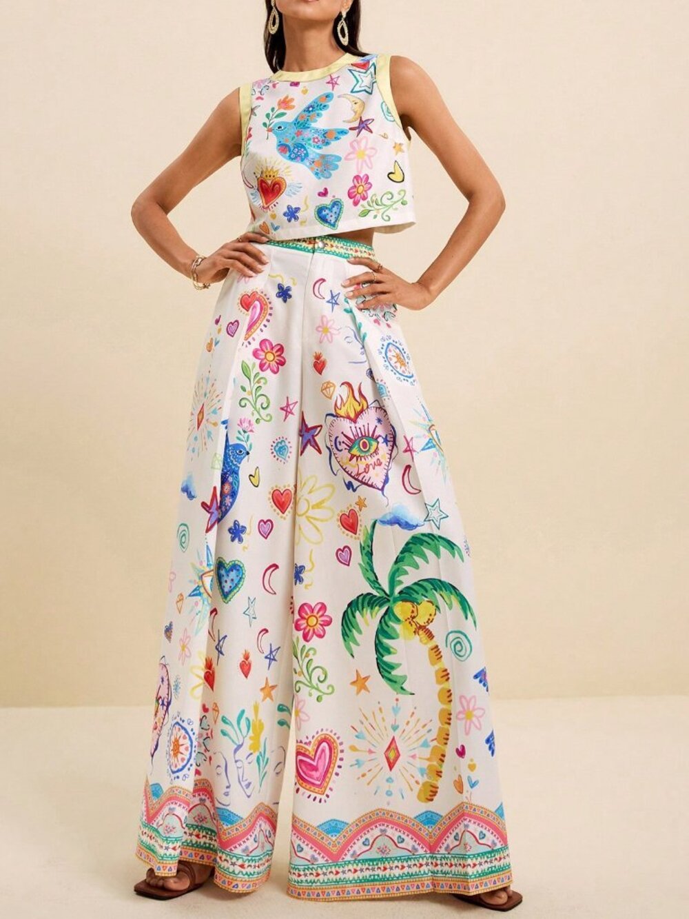 Multicolor Boho Women's Tropical Print Sleeveless Crop Top & Wide Leg Pants Set - Picture 7 of 9